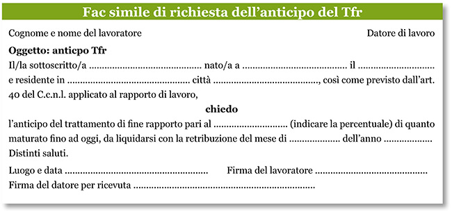 Fac simile richiesta anticipo tfr